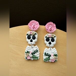 Floral Skull Dangle Earrings - Pink and White